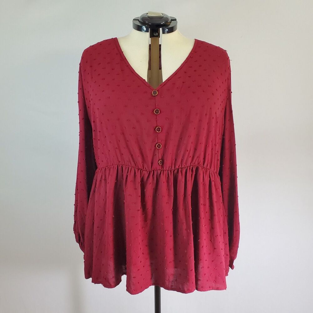 Bloomchic Blouse Women's 3X Burgundy Long Sleeve Button Detail Fabric Dots NWT